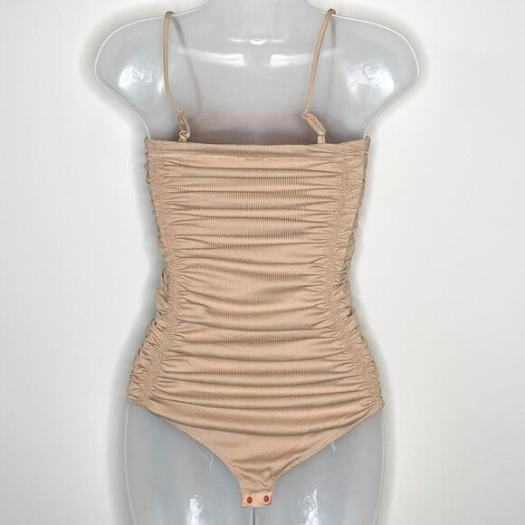 INTIMATELY FREE PEOPLE on your side tan ribbed ruched bodysuit size xs - Picture 4 of 9